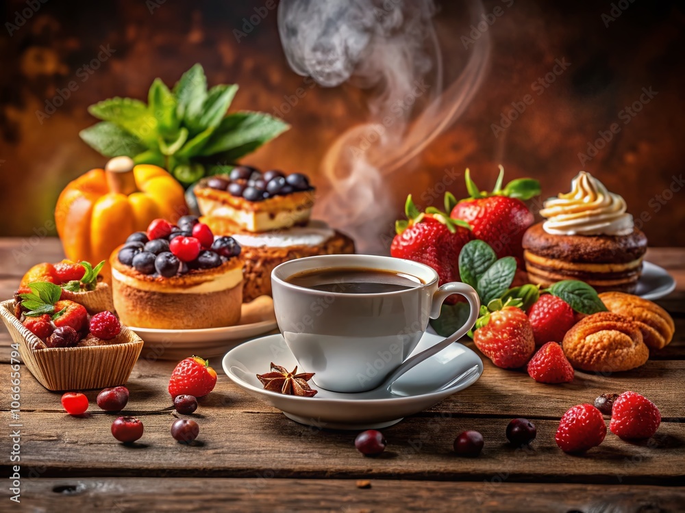 Fresh coffee cakes and fruit, inviting display. Fresh coffee cakes and fruit, inviting display.
