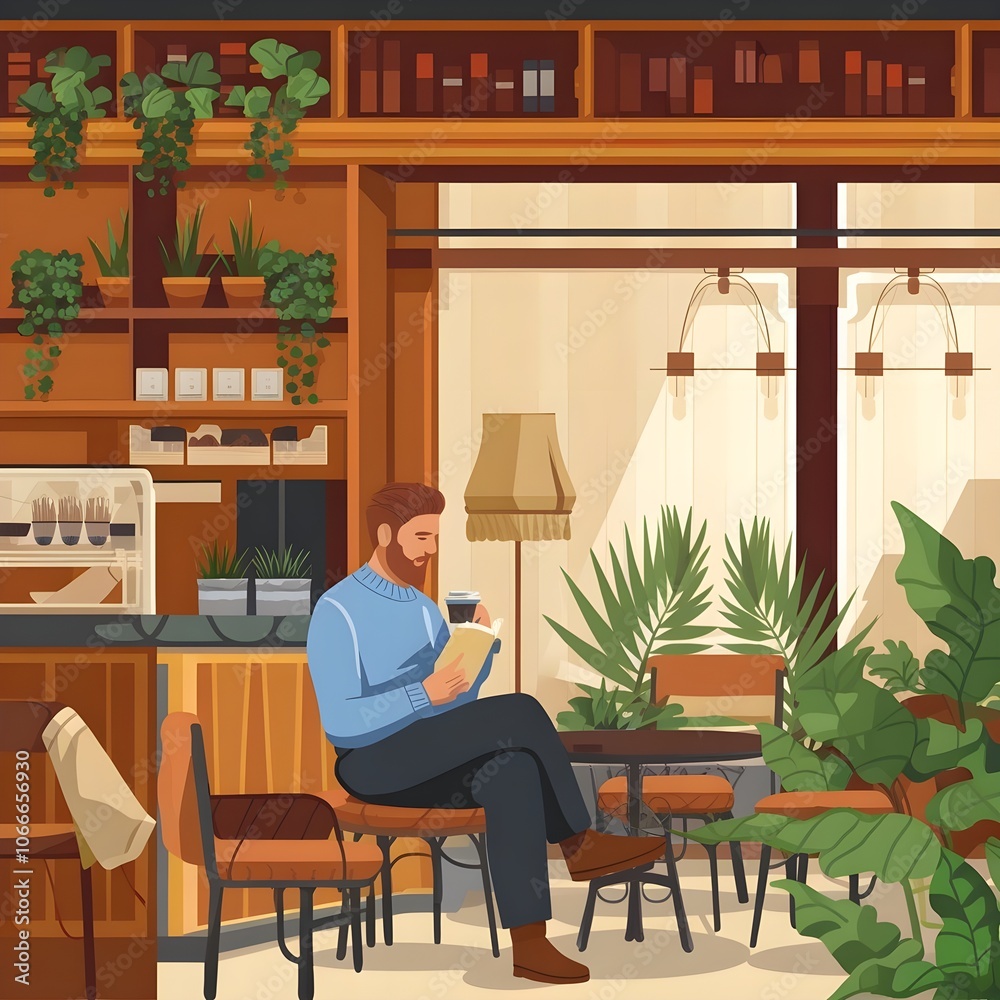 illustration of a man in coffee shop. relax working cozy illustration of a man in coffee shop. relax working cozy