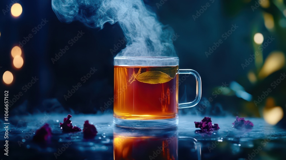 Cozy hot herbal tea with steam rising, inviting warmth and comfort in a serene setting. Cozy hot herbal tea with steam rising, inviting warmth and comfort in a serene setting.