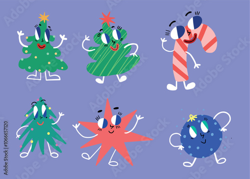 Flat vector illustration in playful style with festive holiday characters like Christmas trees, candy cane, star, and ornament. Bright and cheerful, ideal for seasonal decor and greeting designs.