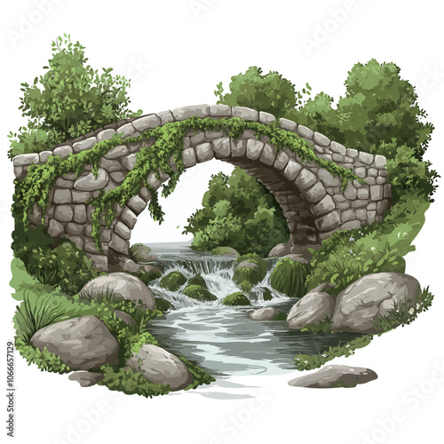 Stone bridge over the river. Vector illustration on a white background. 