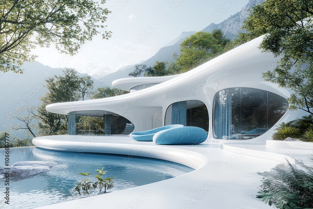 Luxurious curved white house with sky blue silk furnishings in a natural setting.