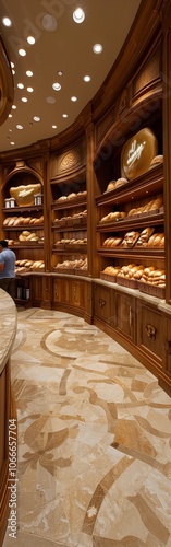 The bustling bakery showcases fresh bread and pastries, with a cheerful staff serving delighted customers beneath the inviting glow of neon lights.