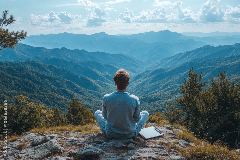 Entrepreneur on vacation in the mountains. Generative AI
