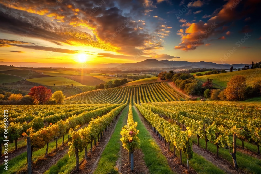 Golden light bathes rolling vineyards, painting a breathtaking sunset panorama. Golden light bathes rolling vineyards, painting a breathtaking sunset panorama.