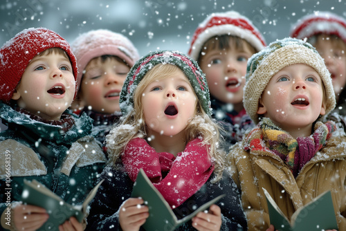 Children singing christmas carols on a snowy day.