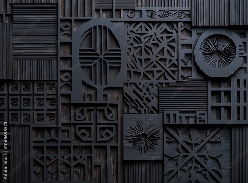 Dark ebony wood background with detailed laser-cut geometric designs for designers. Dark ebony wood background with detailed laser-cut geometric designs for designers.