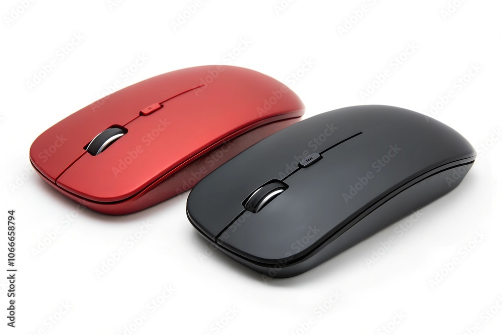 Wireless mouse mockup on white background a minimalist sleek design showcasing two wireless computer mice red and black side by side isolated on a clean white surface. Wireless mouse mockup on white background a minimalist sleek design showcasing two wireless computer mice red and black side by side isolated on a clean white surface.
