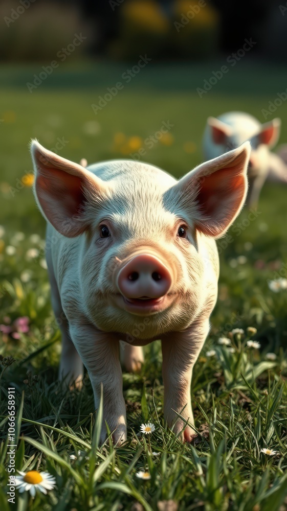 A piglet stands in a field of green grass and white daisies, looking directly at the camera A piglet stands in a field of green grass and white daisies, looking directly at the camera