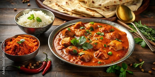 Golden Tikka Masala, fluffy rice, and warm naan. Intimate restaurant lighting.