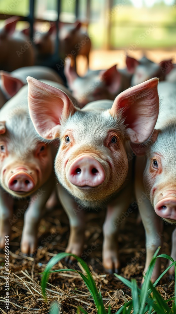 A group of piglets look at the camera in a barn on a farm A group of piglets look at the camera in a barn on a farm