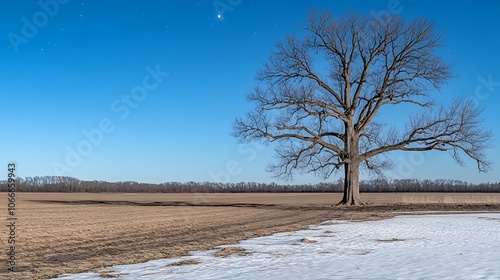 A solitary bare tree stands in a field under a starry night sky