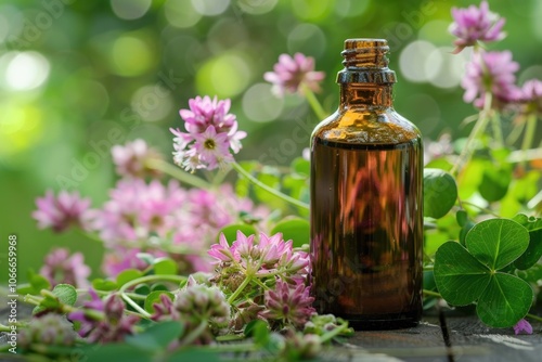 Essential Oils and Medical Herbs with Aromatherapy Bottle and Flower Design