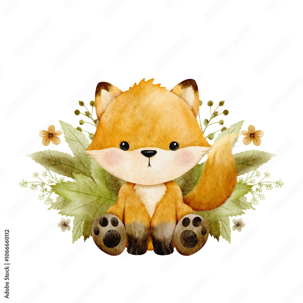 Fototapeta premium Cute cartoon watercolor forest animal. Hand painted fox sitting on fall leaves illustrations perfect for print and card making vector