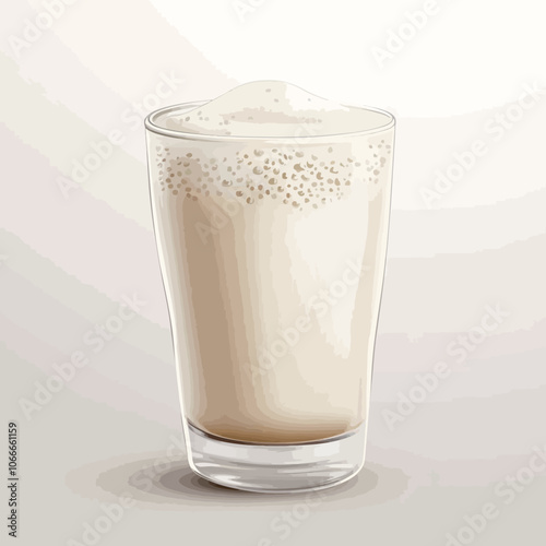 Vector illustration of a glass of milk with foam on light background.