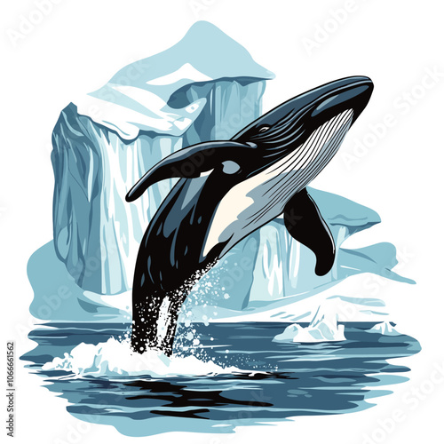 Vector illustration of a killer whale swimming in the ocean with iceberg in the background 