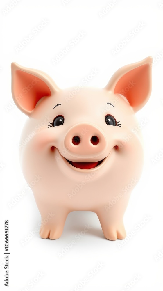 A pink piggy bank smiles happily against a white background A pink piggy bank smiles happily against a white background