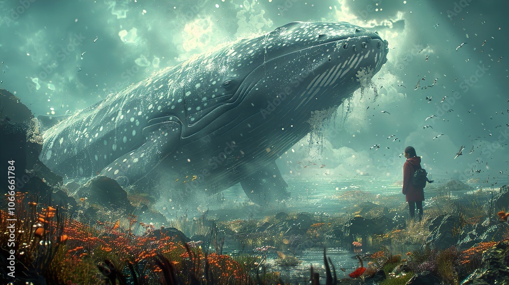 Fototapeta premium A Woman Gazes at a Giant Whale in a Dreamlike Seascape