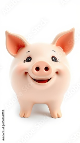 A pink piggy bank smiles happily against a white background