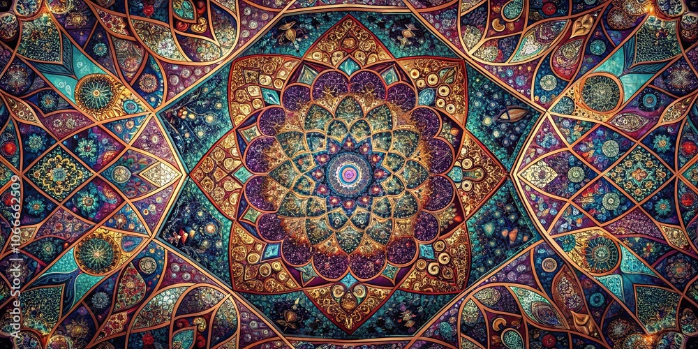 A symphony of color and pattern, this intricate mosaic displays a kaleidoscope of geometric shapes, with a central mandala radiating outwards, creating a mesmerizing visual experience. A symphony of color and pattern, this intricate mosaic displays a kaleidoscope of geometric shapes, with a central mandala radiating outwards, creating a mesmerizing visual experience.