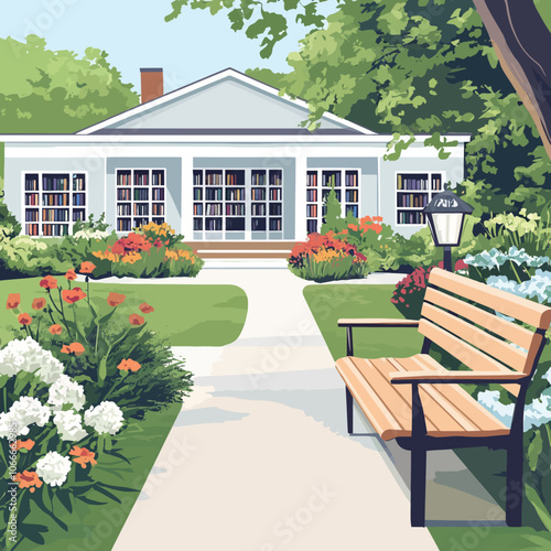 Vector illustration of a school building with a bench in the garden.