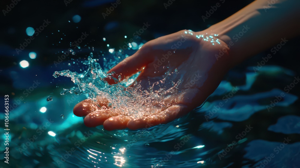 Fototapeta premium Close-Up of a Hand Splashes Water, Capturing the Beauty of Motion and Fluidity
