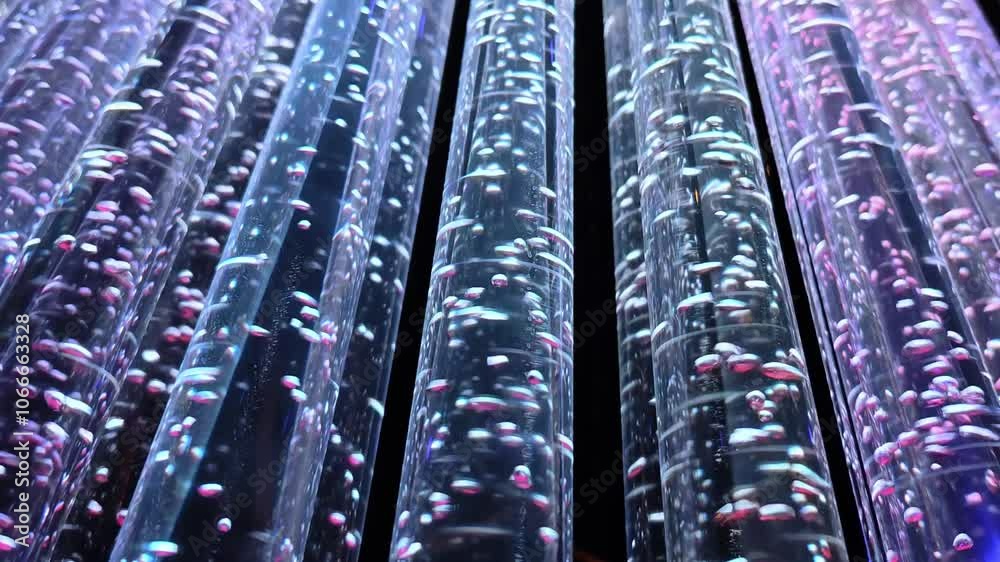 Colored lights bubble tube lamp. Water bubble blue oxygen air, in underwater clear liquid with bubbles flowing up. Background.