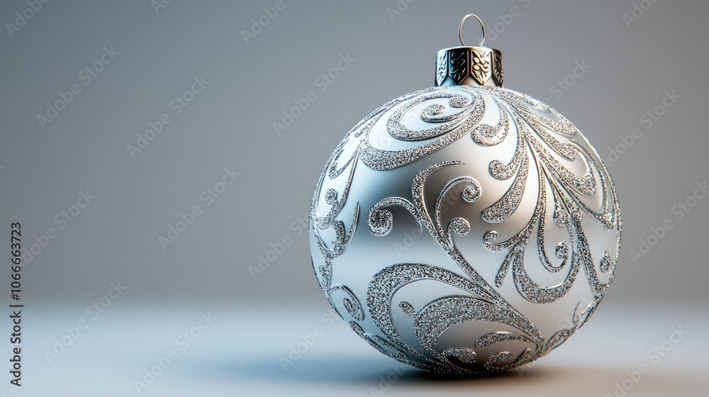 A single silver Christmas ornament with a swirling pattern, isolated on a grey background. A single silver Christmas ornament with a swirling pattern, isolated on a grey background.