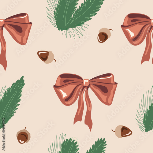 Festive pattern with bows and acorns