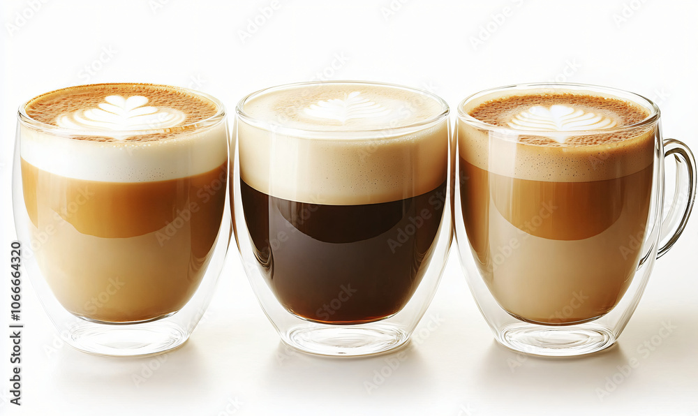 Three Classic Coffee Drinks in Glass Cups on White Background Three Classic Coffee Drinks in Glass Cups on White Background