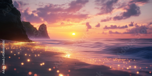 A serene beach at sunset with magical glowing sands, capturing the fleeting moments of time in a beautiful way photo