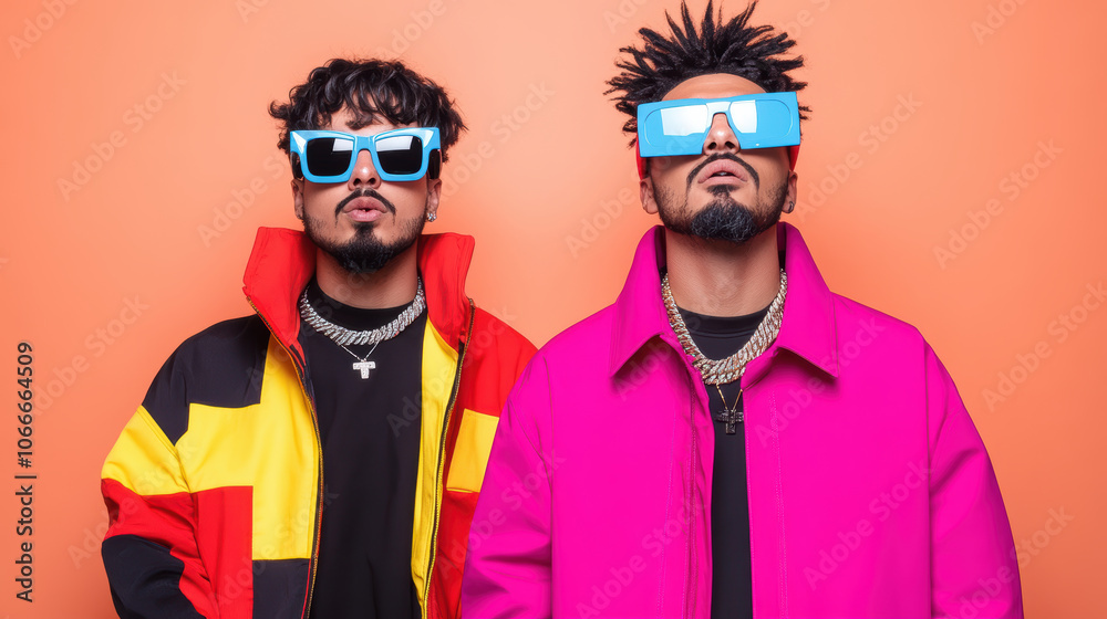 Stylish men wearing colorful outfits and sunglasses against orange background Stylish men wearing colorful outfits and sunglasses against orange background