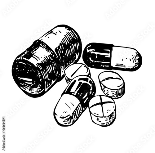 Ink, line art, illustration of pills