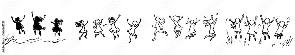 In a modern illustration with a white background, happy jumping children holding hands. Continuous line drawing. In a modern illustration with a white background, happy jumping children holding hands. Continuous line drawing.