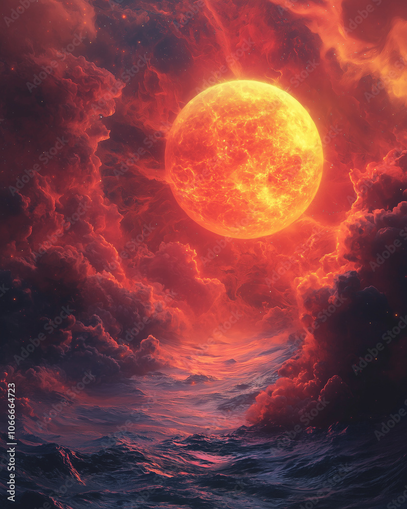 fiery orb hangs low over a turbulent ocean, illuminating the waves and clouds with intense reds and oranges fiery orb hangs low over a turbulent ocean, illuminating the waves and clouds with intense reds and oranges