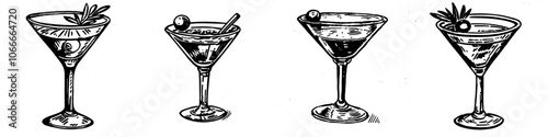 An illustration of a modern martini with olive alcoholic cocktail isolated on a white background was hand drawn in a vintage style with modern line art.