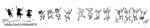 In a modern illustration with a white background, happy jumping children holding hands. Continuous line drawing.