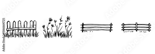 Illustration of wooden fences in ink, engraving, and line art