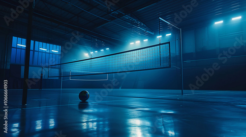 Empty Indoor Basketball Court with Blue Lighting photo