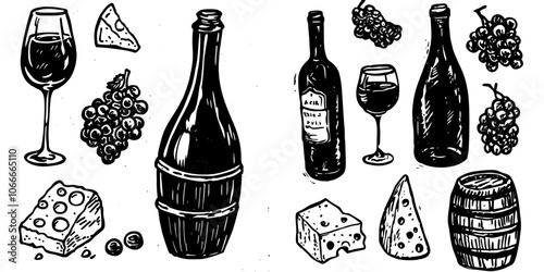 Wine set illustration with grapes, wine bottles, wineglasses, barrel. Hand drawn vintage alcoholic beverages. Illustration with bottle, glass, wine and wine alcohol beverage.