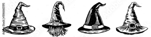 Wizard or witch hat sketch illustration. Modern black ink drawing isolated on white background. Grunge style illustration.