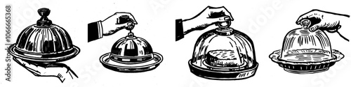 The dish plate with cloche and invisible food sketch engraving is a modern illustration. It is an imitation of scratch board style in black and white.