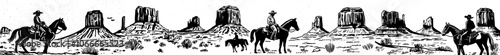 A cowboy in an American desert landscape, western landscape illustration in engraved lines, wild west. Vector, sky in separate layers.