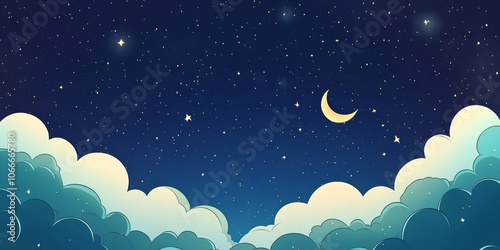 Starry night sky background with twinkling stars and a crescent moon, perfect for dreamy and whimsical themes photo