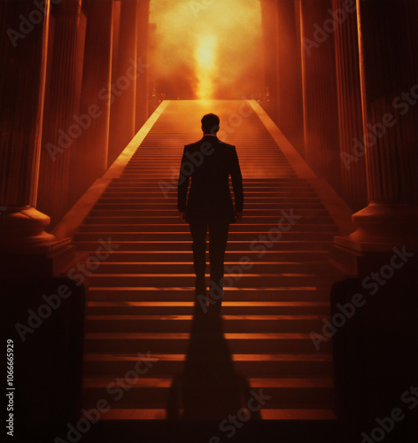 Silhouetted Figure on Stairs with Dramatic Lighting photo