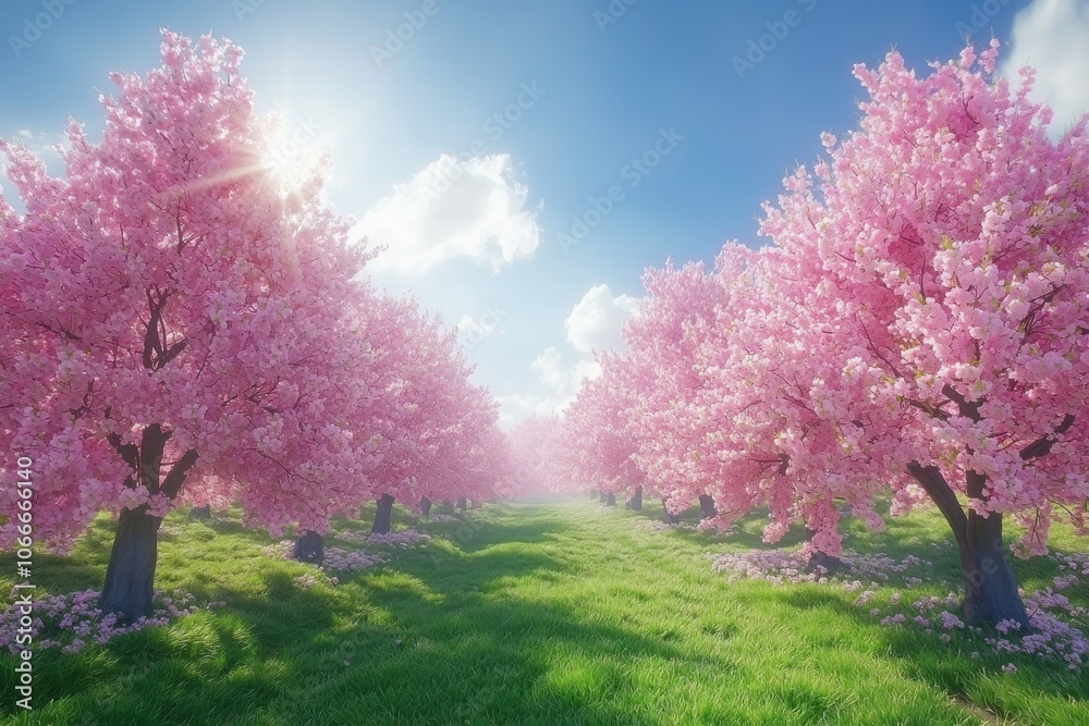 A serene landscape featuring blooming cherry blossom trees under a bright sky, creating a tranquil and picturesque scene. A serene landscape featuring blooming cherry blossom trees under a bright sky, creating a tranquil and picturesque scene.