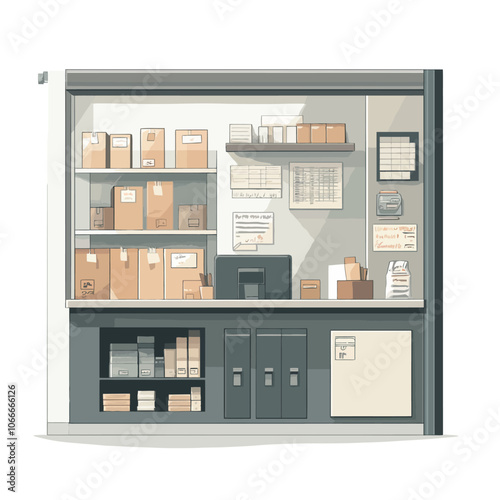 Vector illustration of a warehouse with boxes on shelves. Delivery service. 