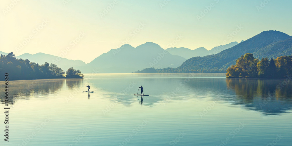 Fototapeta premium A peaceful lake setting with paddleboarders gliding across the water, promoting outdoor fitness and relaxation