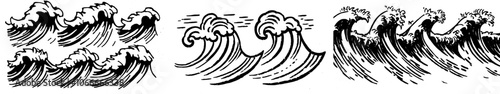 Waves drawn by hand in the ocean. Sketch-style sea storm blue water, foamy waves that reflect in the waves, tsunami wave decoration, modern wave set against white background.