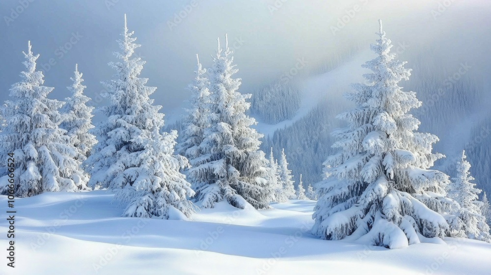Snow-covered pine trees create a winter wonderland scene. - Generated AI Snow-covered pine trees create a winter wonderland scene. - Generated AI